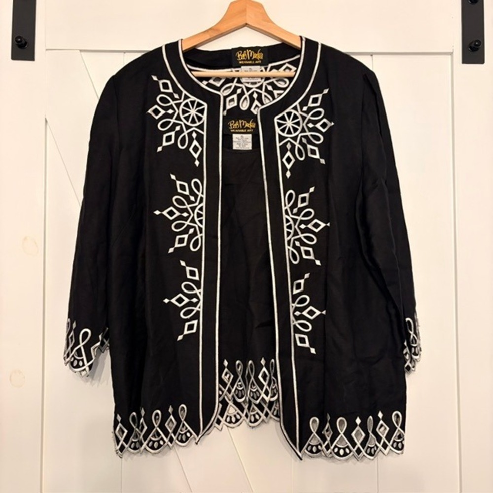 Bob Mackie Wearable Art Black Linen Blend Embroidered Jacket and Tank Set XL